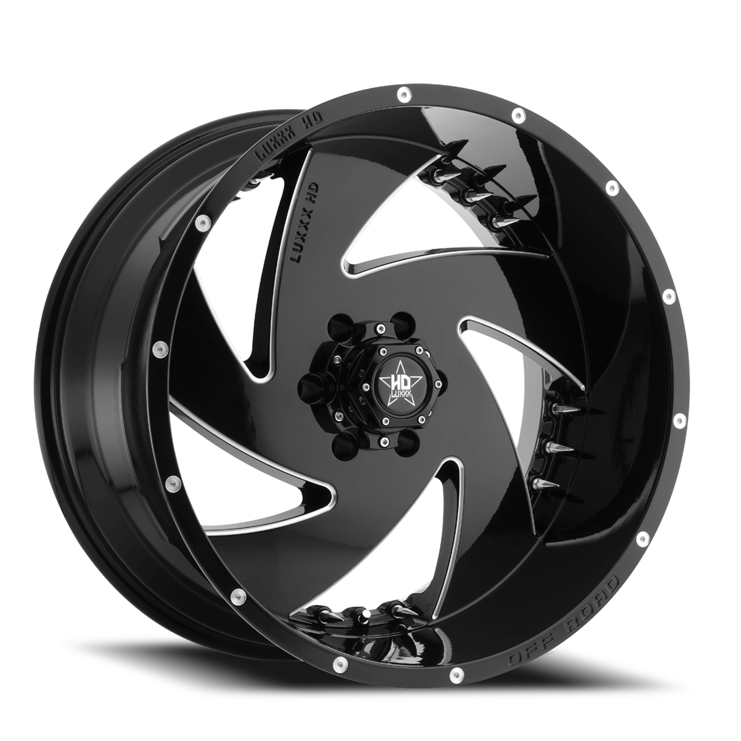 LHD6 20X10 8X165 -18 122.1 Gloss Black Milled w/ Chrome Spike Rivets