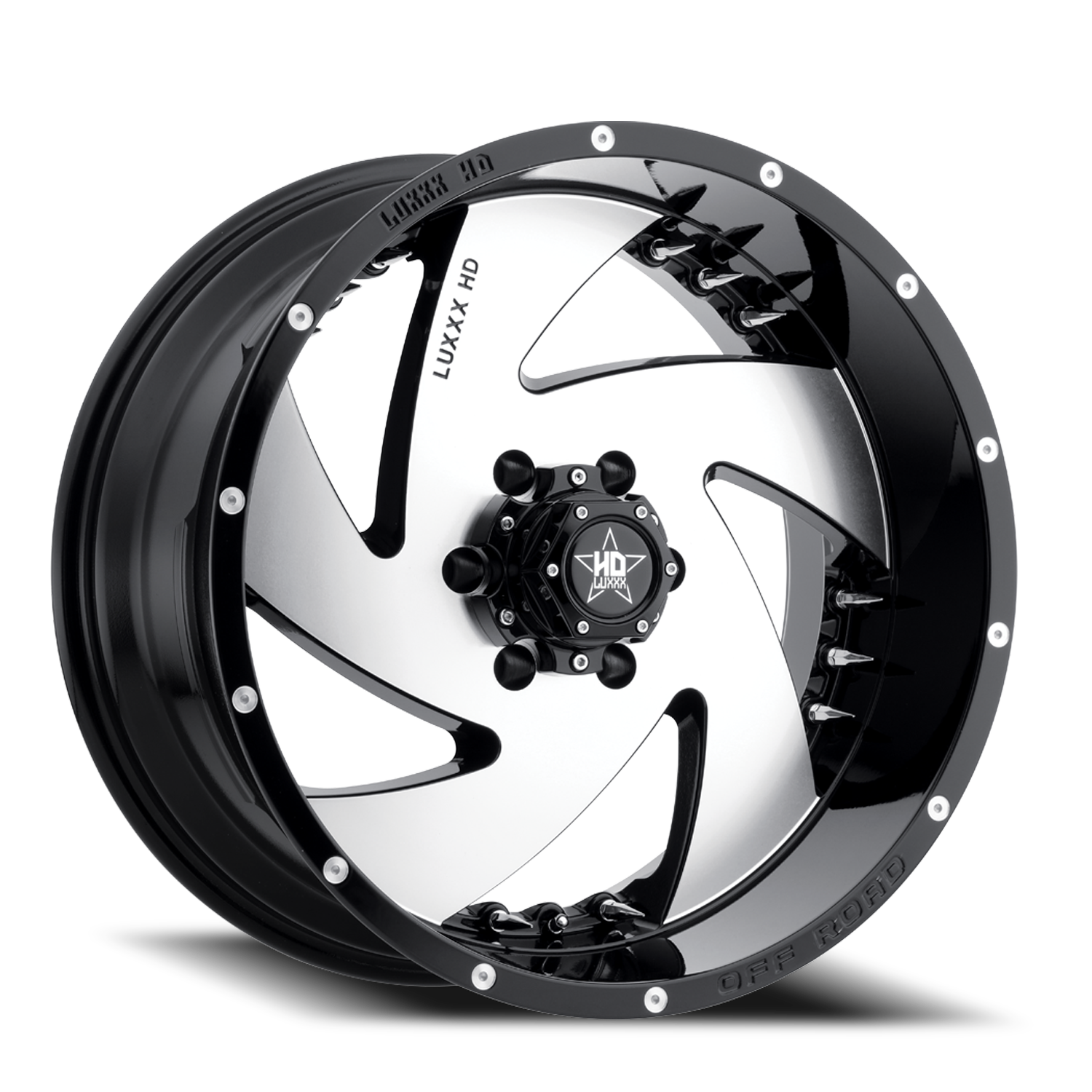LHD6 20X10 8X165 -18 122.1 Gloss Black Machined Face w/ Chrome Spike Rivets