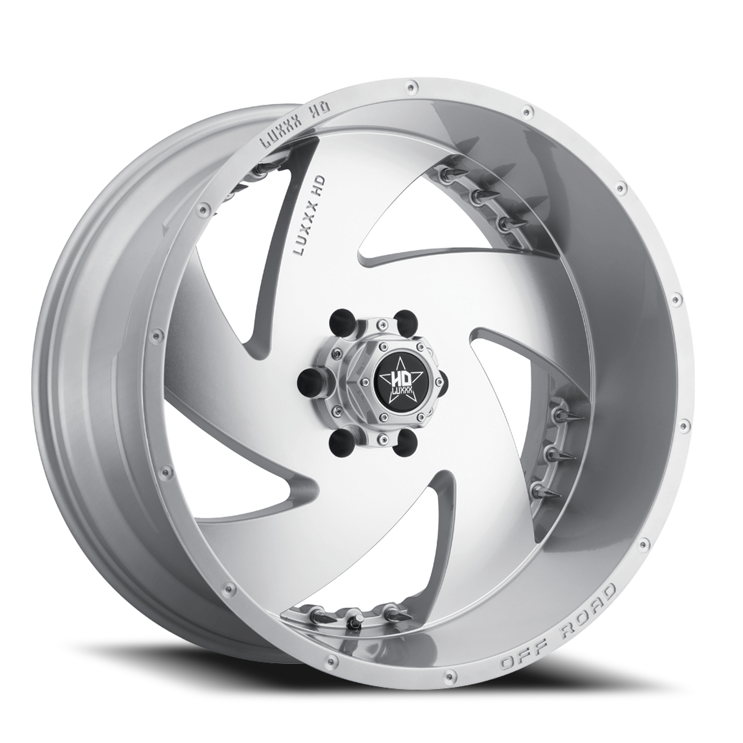 LHD6 22X12 6X139.7 -44 106.1 Silver Machined Face w/ Chrome Spike Rivets
