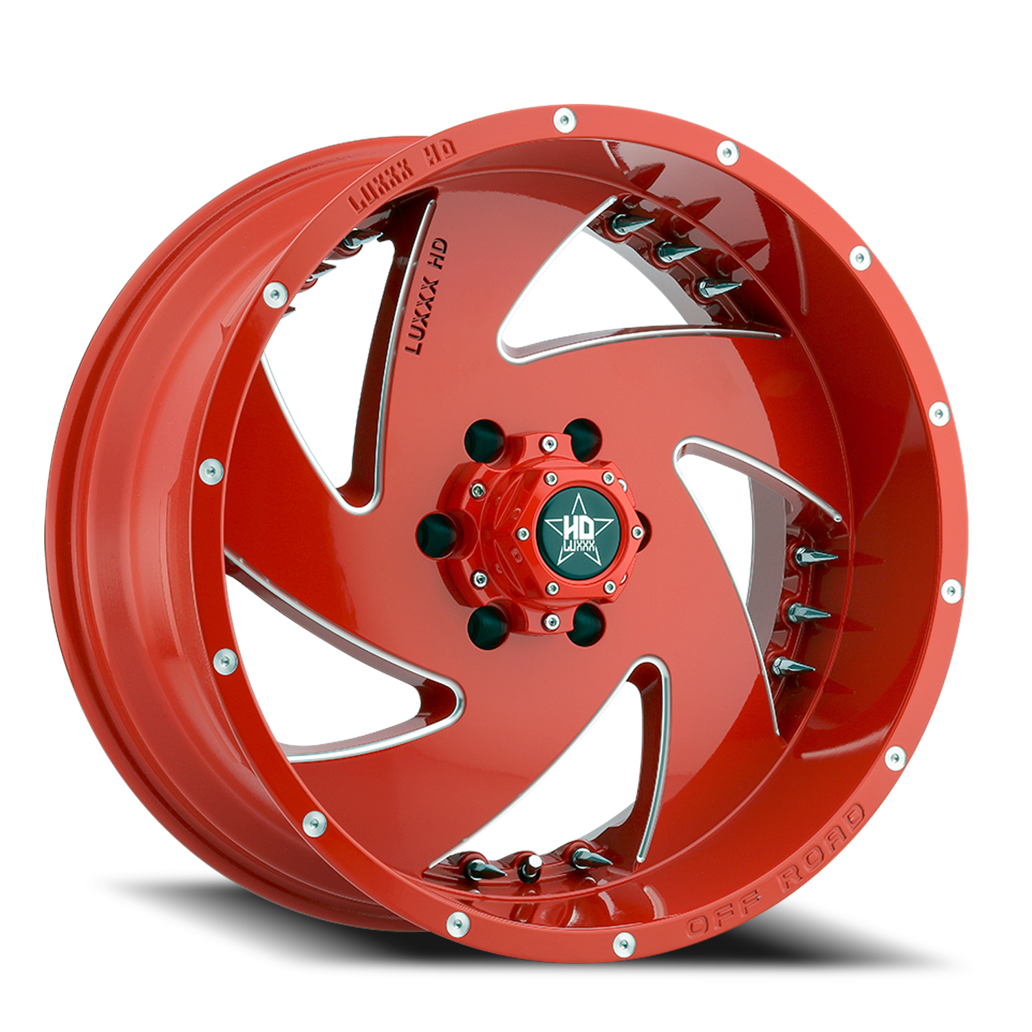 LHD6 20X10 6X139.7 -18 106.1 Red Milled w/ Chrome Spike Rivets